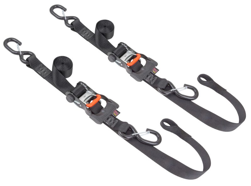 PowerTye 1.5in x 6.5ft Ergonomic Locking Ratchet Soft-Tye Straps with Heavy-Duty Latch Hooks - Made in USA - 1,000 lb. Working Load Limit / 3,000 lb. Breaking Strength - Black/Black (Pair) - Image 1